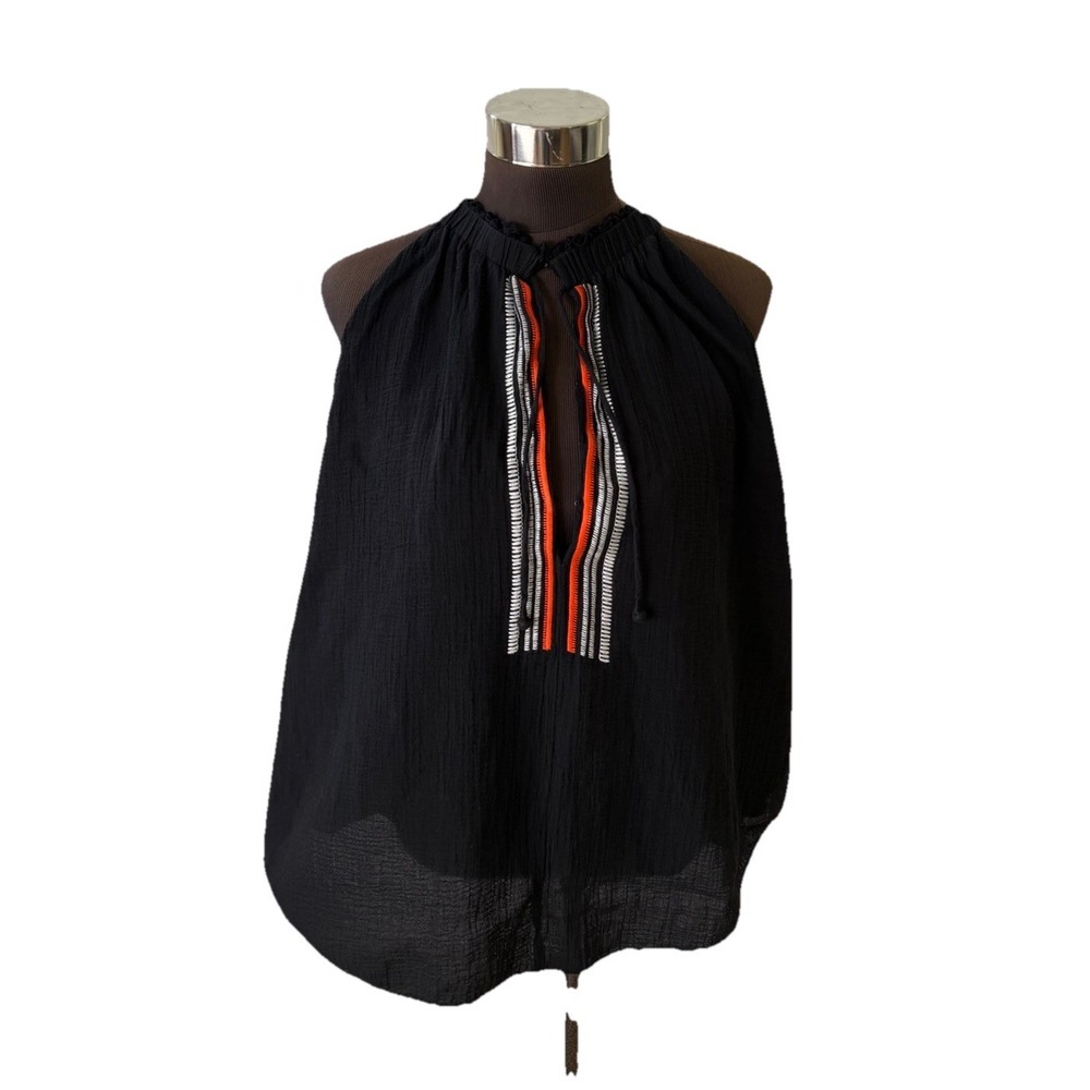 Apiece Apart Boho Flowy Halter Top Women's Sz 6 Black Sleeveless Embroidered